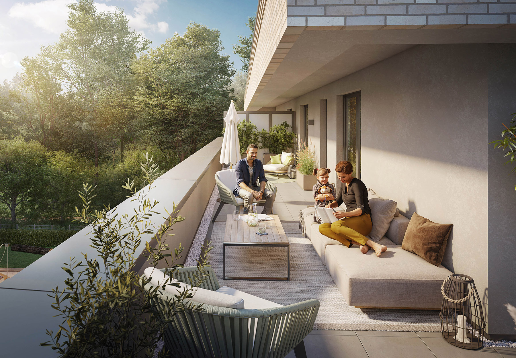Visualisierung einer großzügigen Dachterrasse mit Sitzbereich und Blick ins Grüne
