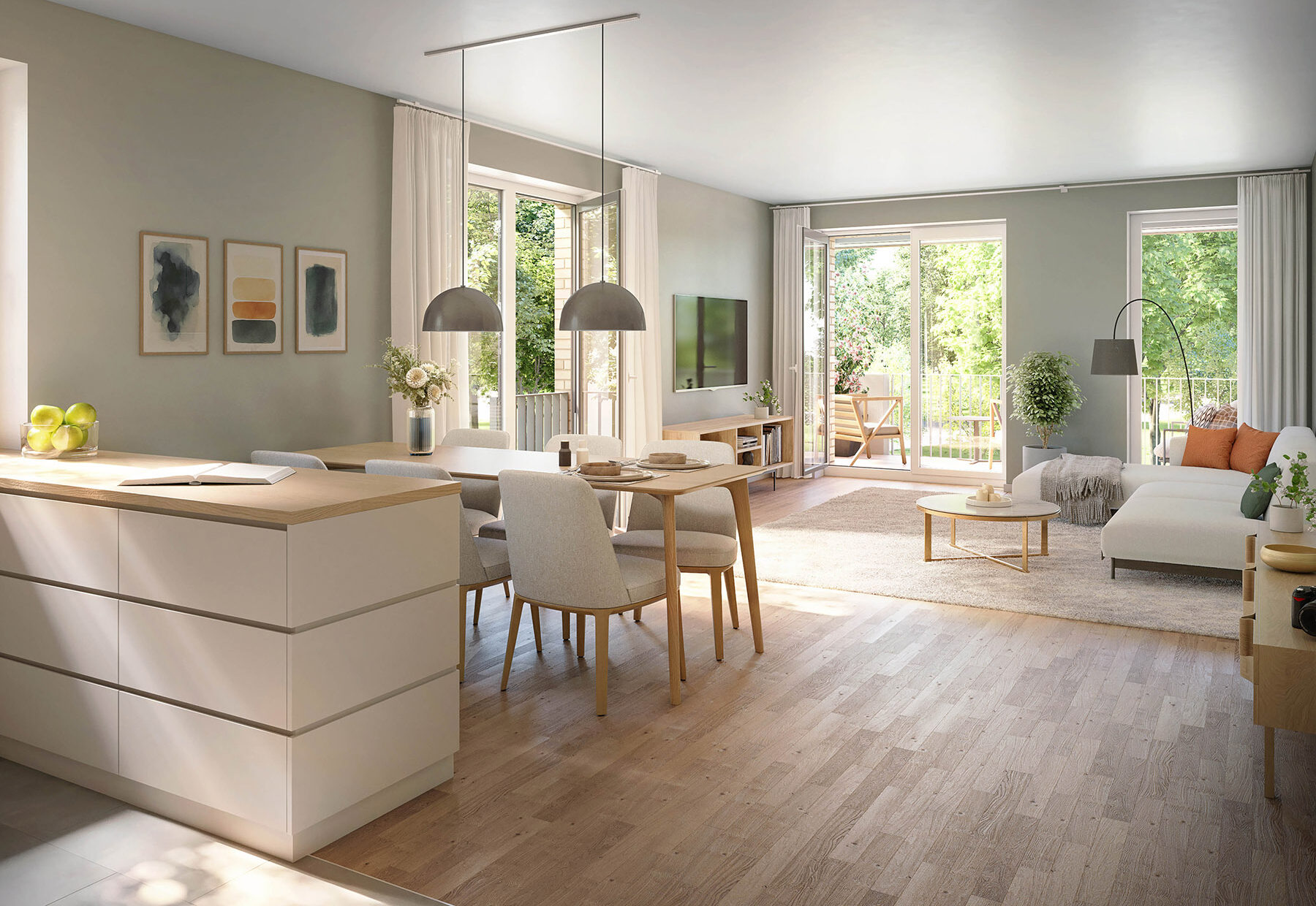 Visualisierung eines offenen Wohn- und Essbereichs mit moderner Küche